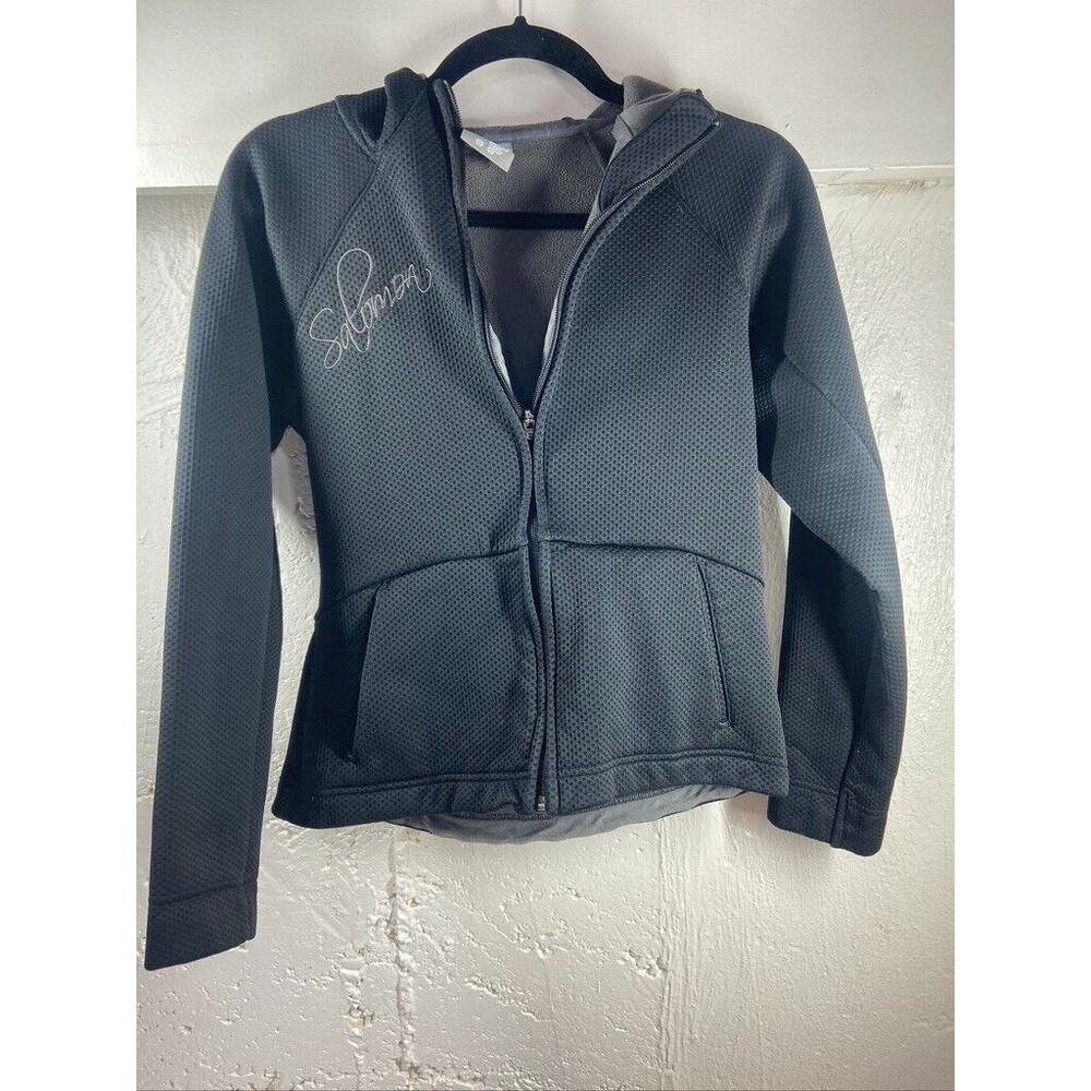 SALOMON WOMENS SMALL BLACK WAFFLE KNIT FLEECE LINED FULL ZIP JACKET HOODED BLACK